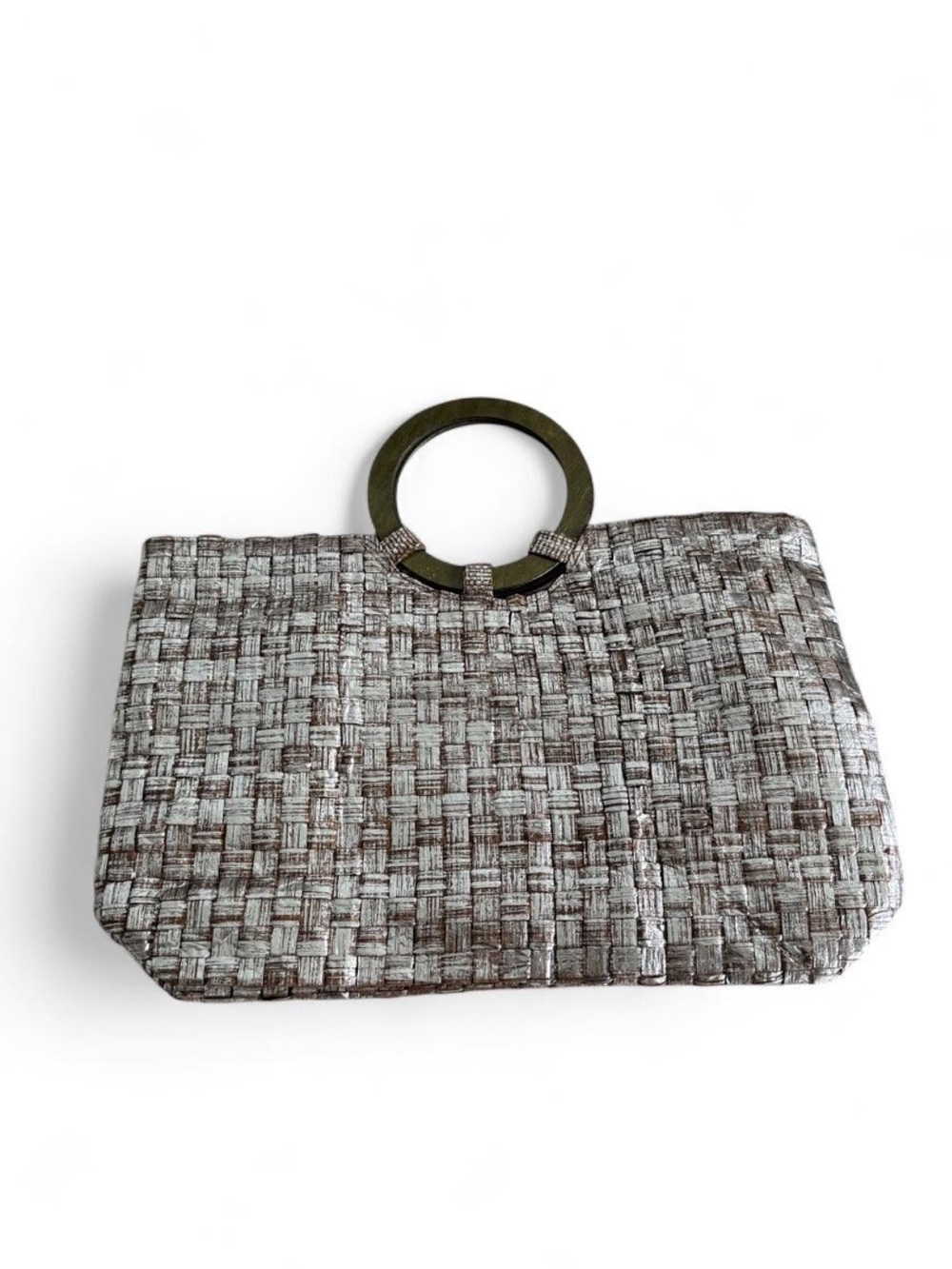 Woven Metallic Silver-Brown Wristlet Clutch with Ring Handle